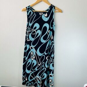 LILY Women's BLACK-AQUA-WHITE Swirl GEOMETRIC Design DRESS w/pockets Sz S